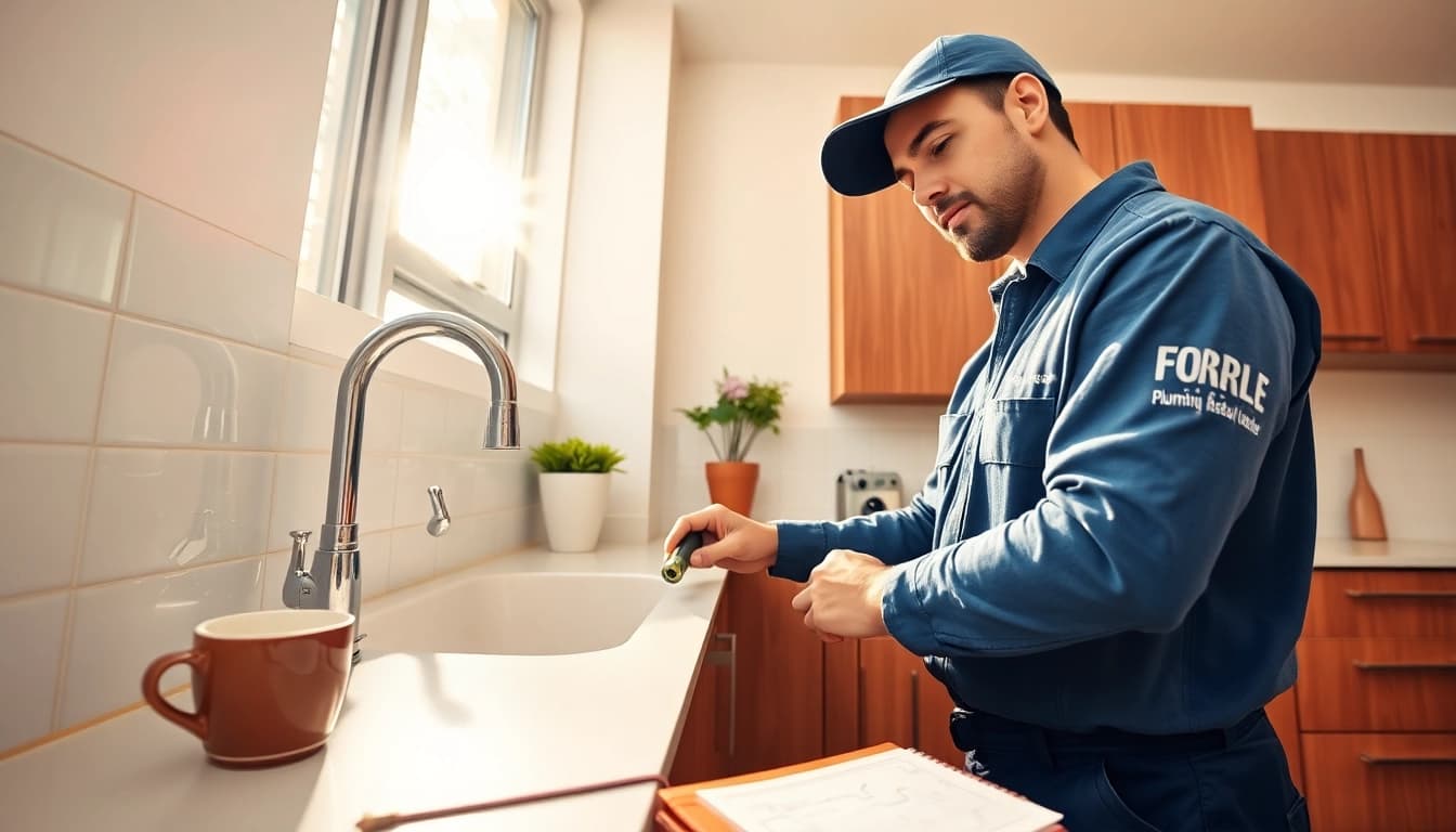 24 hour plumber NYC fixing a leaking sink in a modern kitchen, showcasing professionalism and reliability.