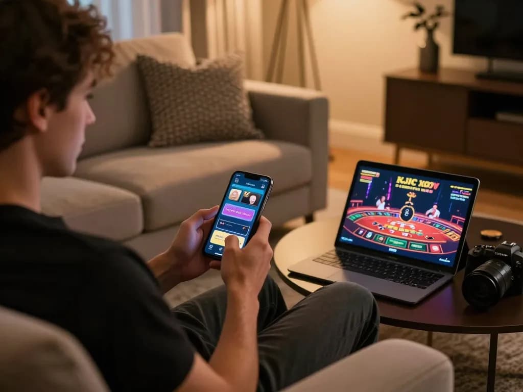 KJC player engaged in an online casino game, showcasing a smartphone with gaming interface.