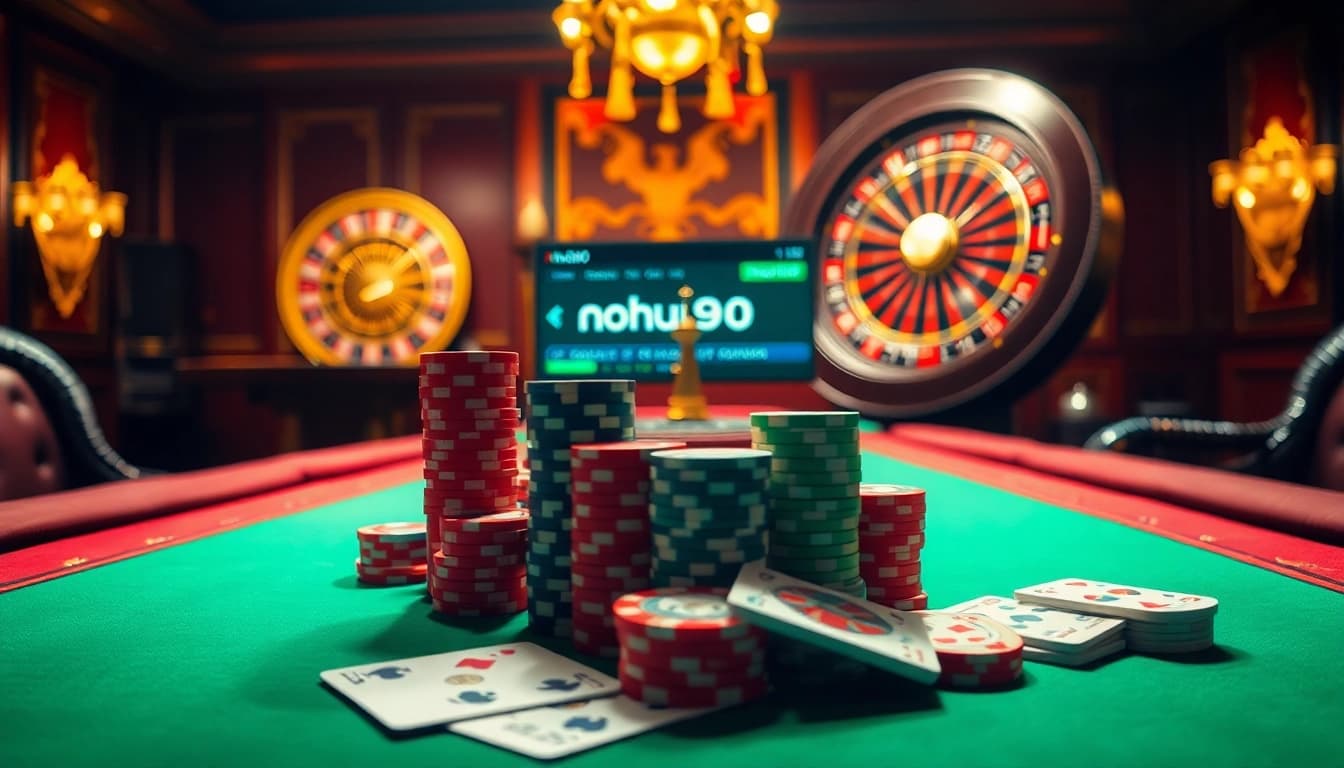 Experience thrilling gameplay at nohu90 with vibrant poker chips and a roulette wheel, symbolizing luxury and excitement.