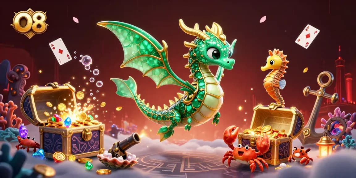 Experience the excitement of O8 with a treasure-hunting sea dragon in vibrant underwater casino action.