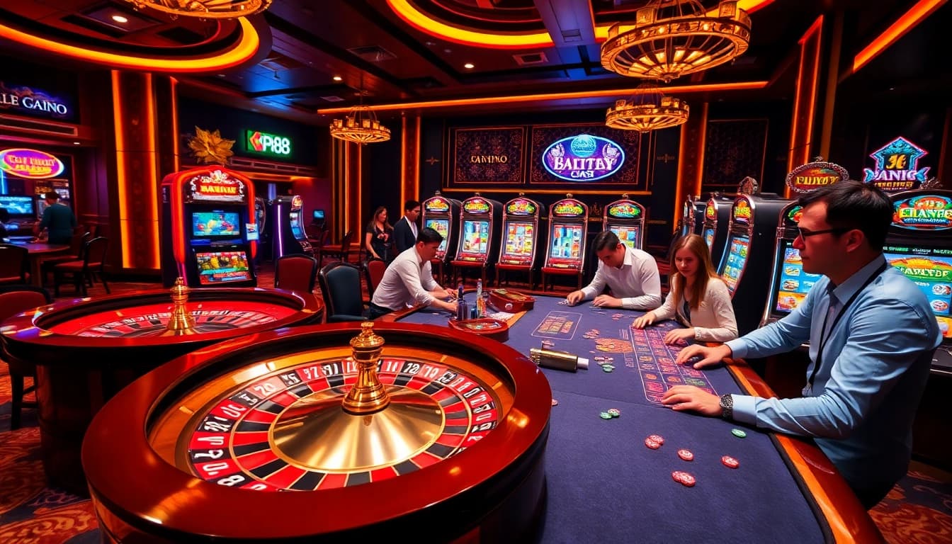 Players enjoying thrilling games at KP88 casino, highlighted by a vibrant roulette table.