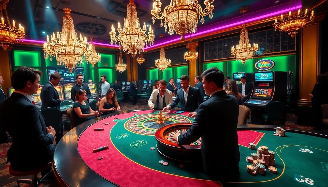 Go8 casino players enjoying a high-stakes game at a luxurious roulette table.