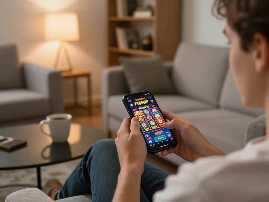 Playing the F168VIP casino app on a smartphone while relaxing at home with vibrant slot graphics.