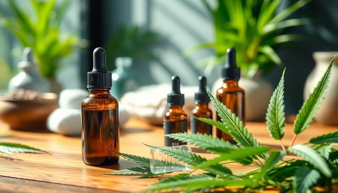 Showcasing CBD bottles with hemp leaves in a serene wellness setting.