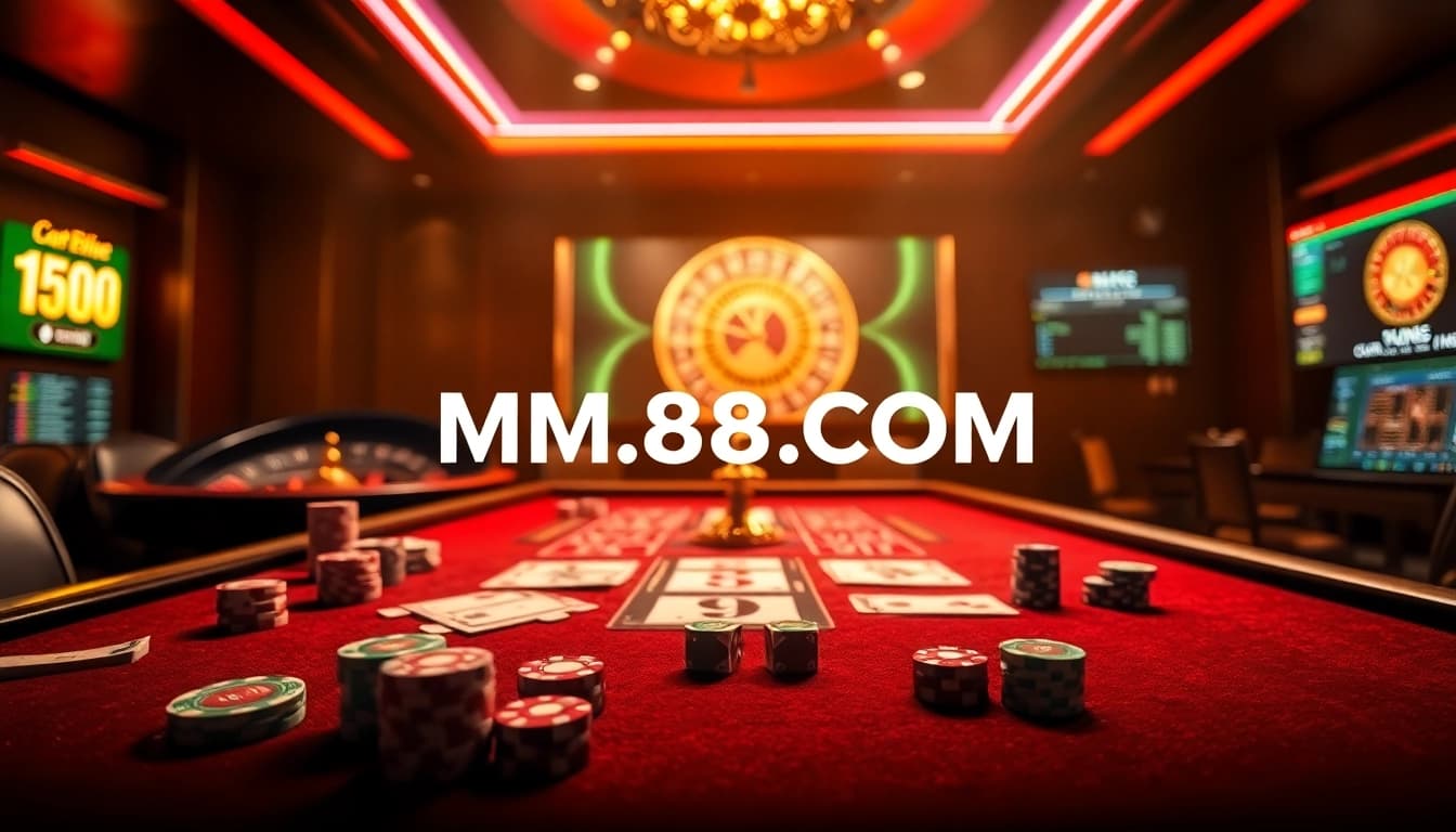 Engaging gambling scene at MM88.COM with casino table, chips, and cards in a luxurious setting.