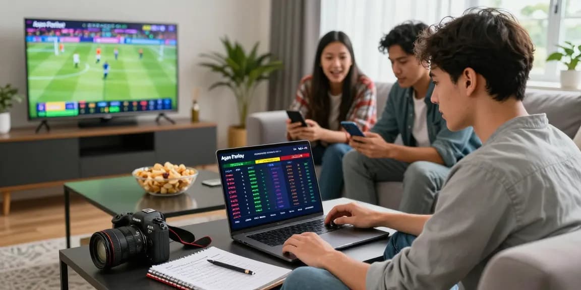 Agen Parlay Idngoal platform scene with bettors analyzing live match data and discussing strategies in a cozy living room.