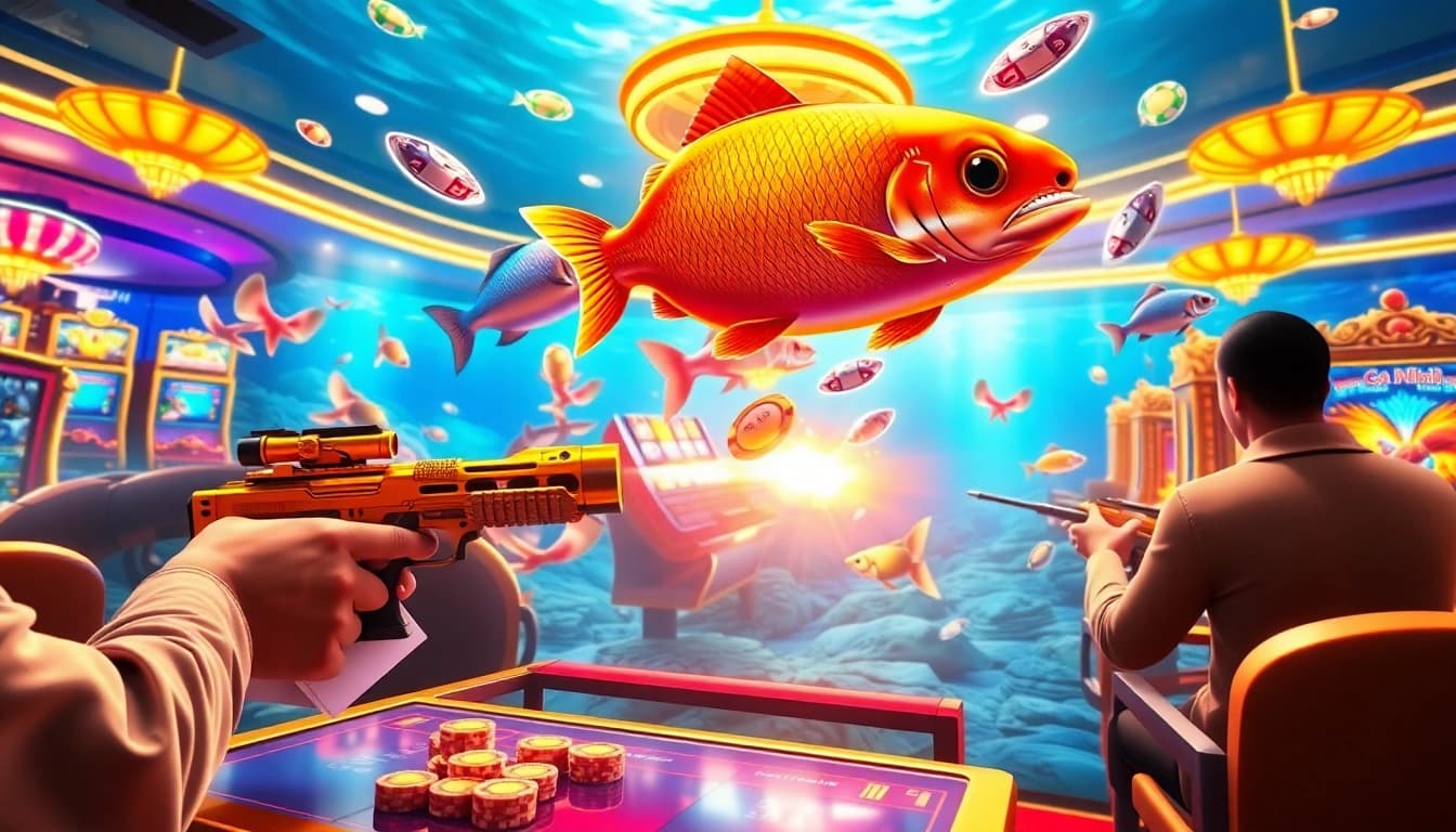 bắn cá đổi thưởng game featuring players aiming at colorful fish in a vibrant casino setting