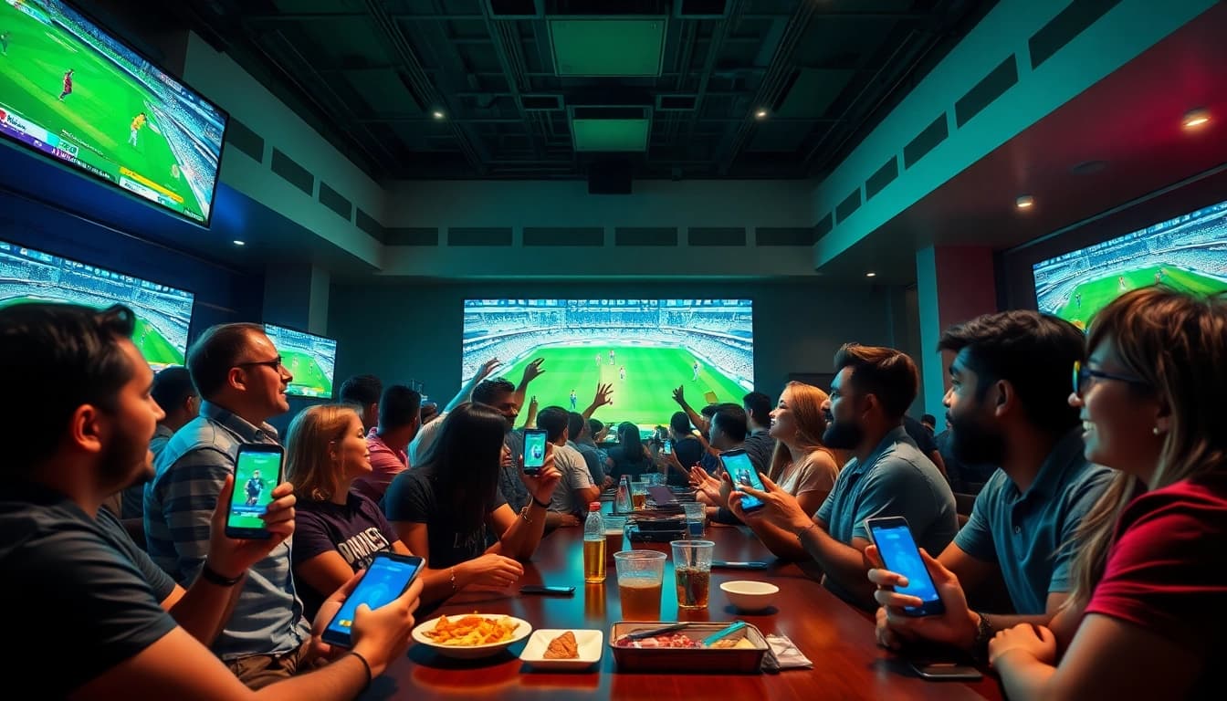 Exciting cricket betting scene with fans engaging in jeetbuzz activities in a vibrant lounge.