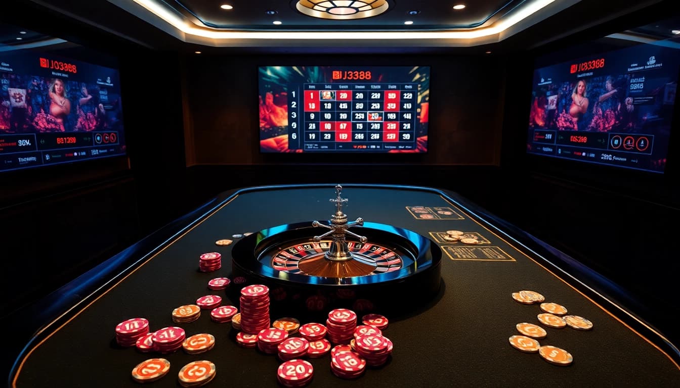 Experience the excitement of BJ388 with a luxurious casino scene featuring poker chips and a roulette wheel.