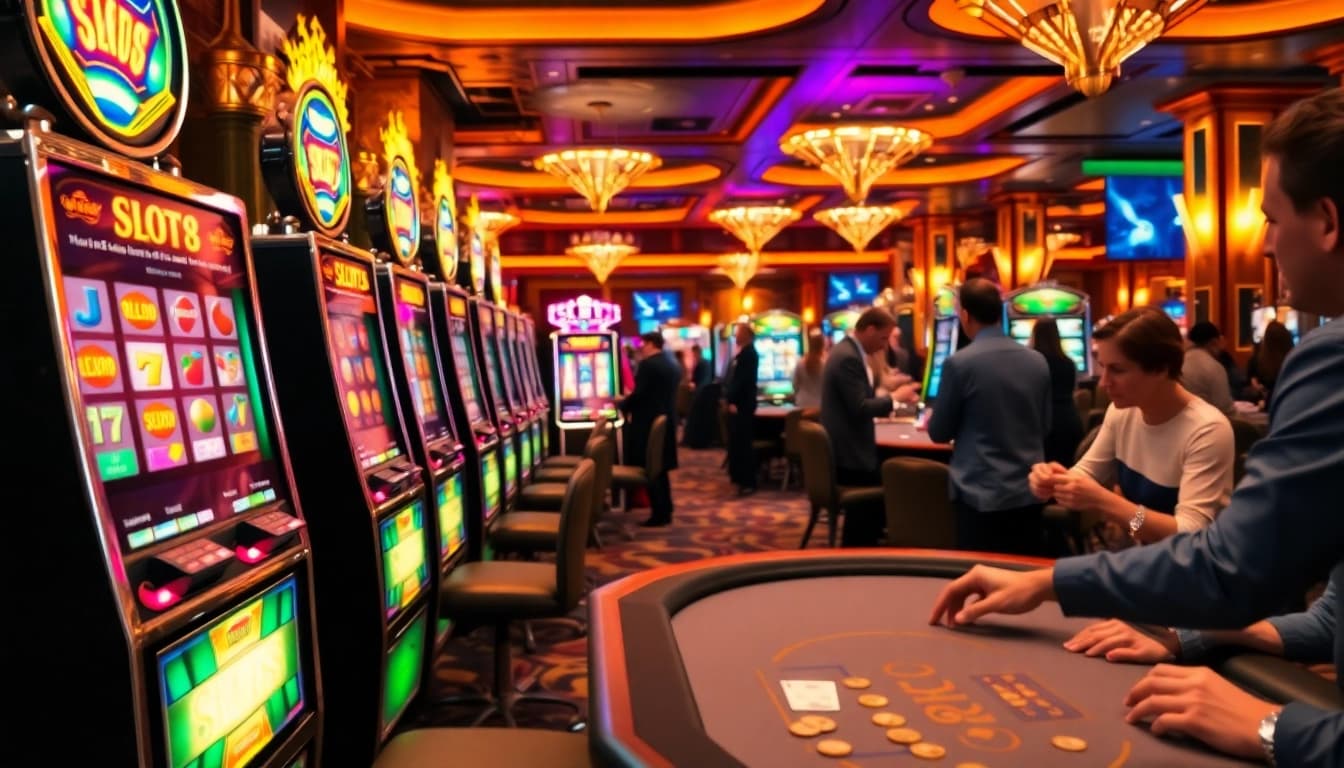 Players enjoying slot machines at SLOTS8 casino with vibrant lights and excitement.