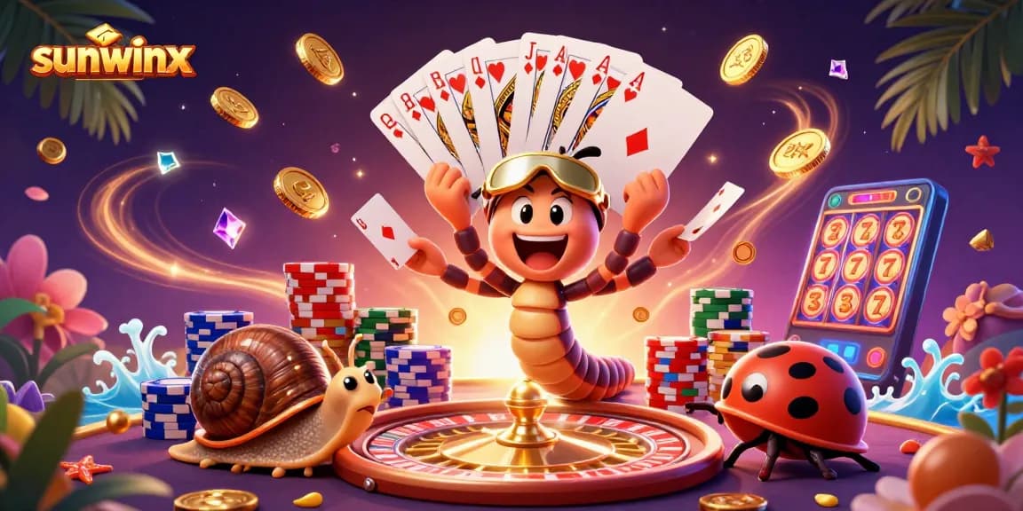 Experience excitement at sunwinx with a vibrant 3D illustration of a millipede dealer and high-roller.