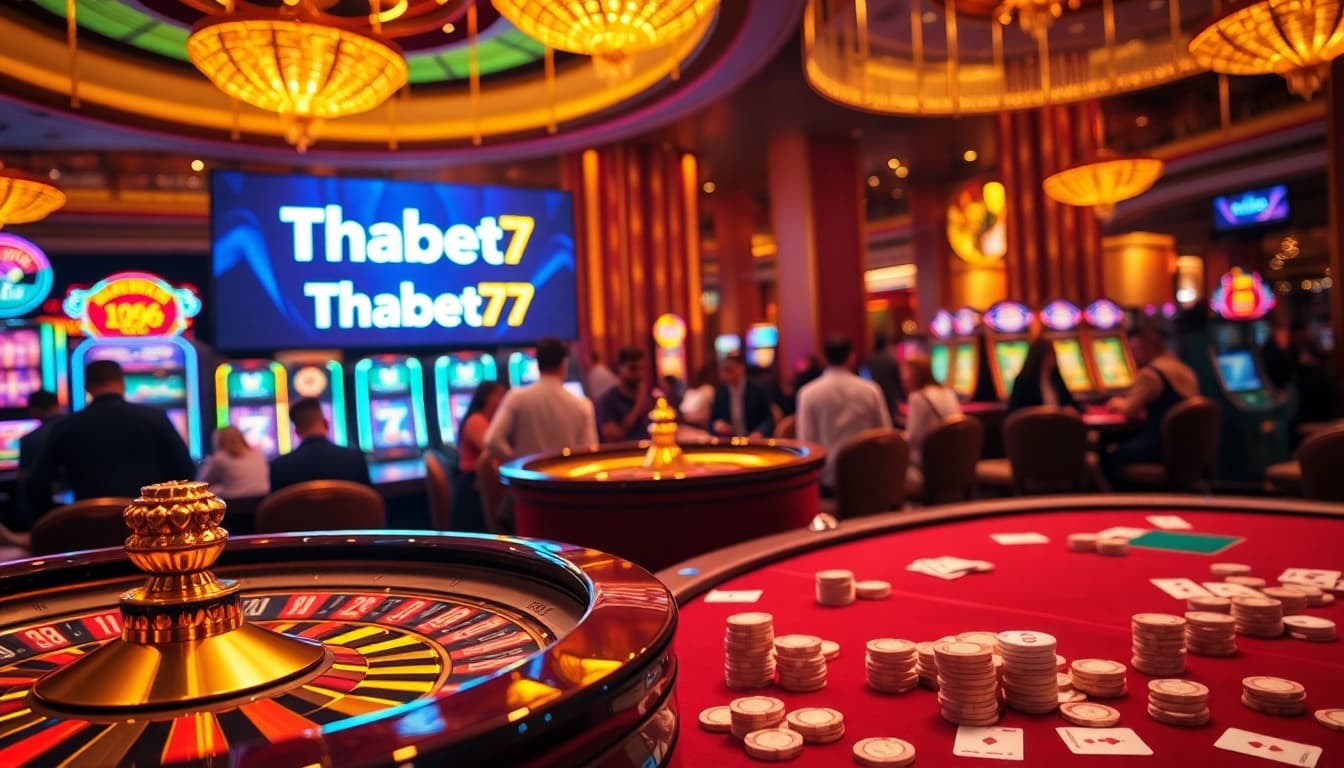 Thrilling gameplay at Thabet77 casino with slot machines and roulette wheel.