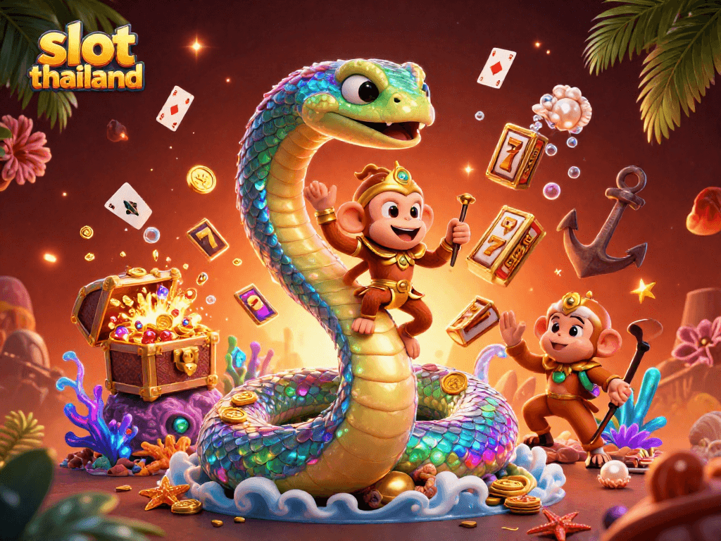 Experience slot thailand excitement with vibrant golden serpent and playful monkey in a rich 3D scene.