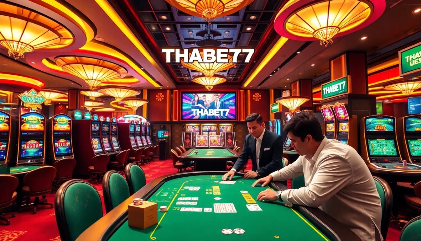 Players enjoying exciting casino games at Thabet77, showcasing vibrant tables and slot machines.