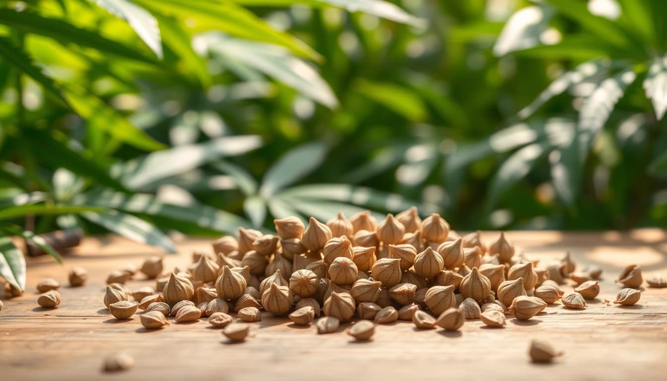 Buy cannabis seeds in Australia with beautifully displayed seeds on a wooden table.