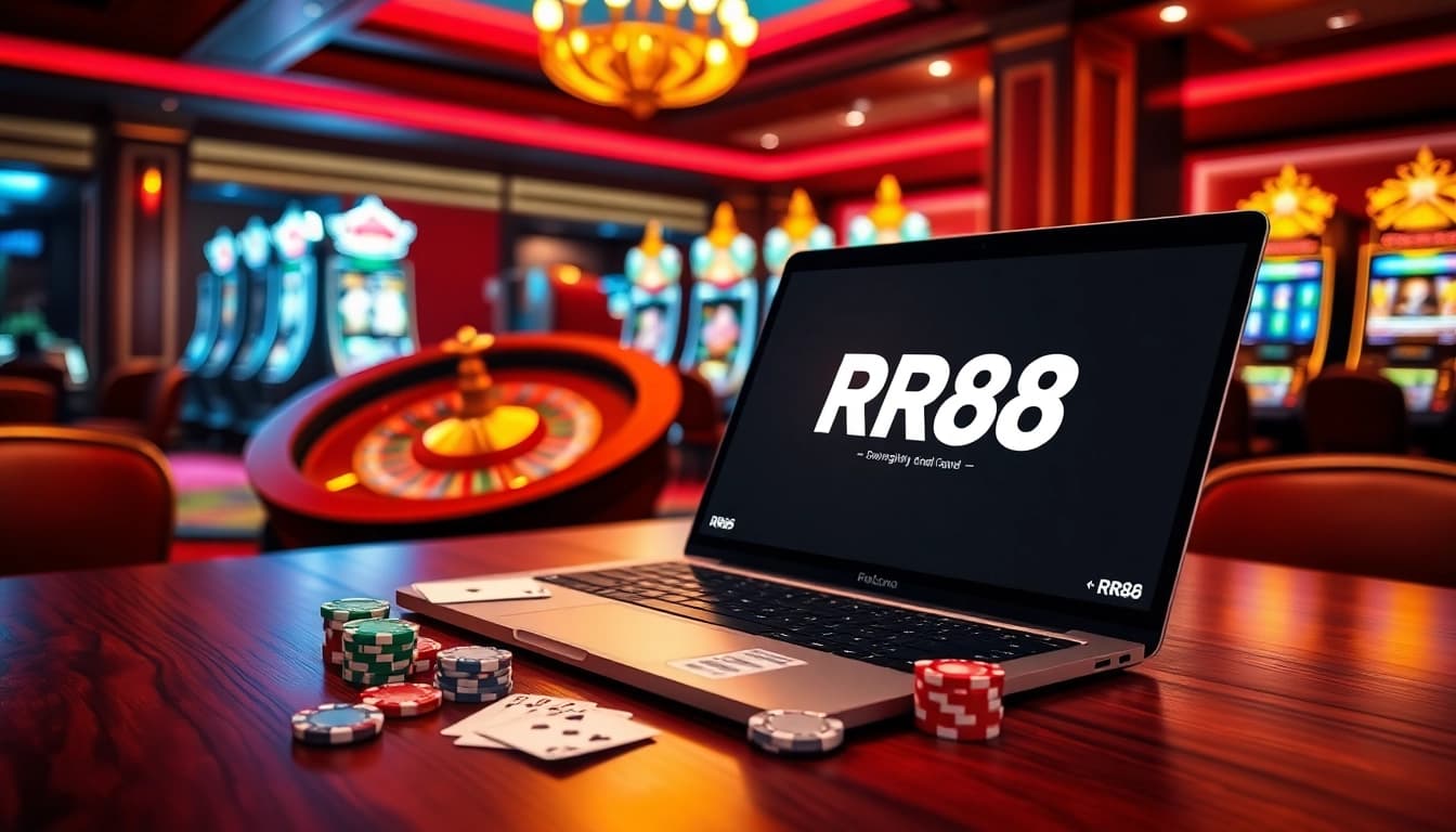 Experience excitement and win with RR88, featuring poker chips and vibrant casino games.
