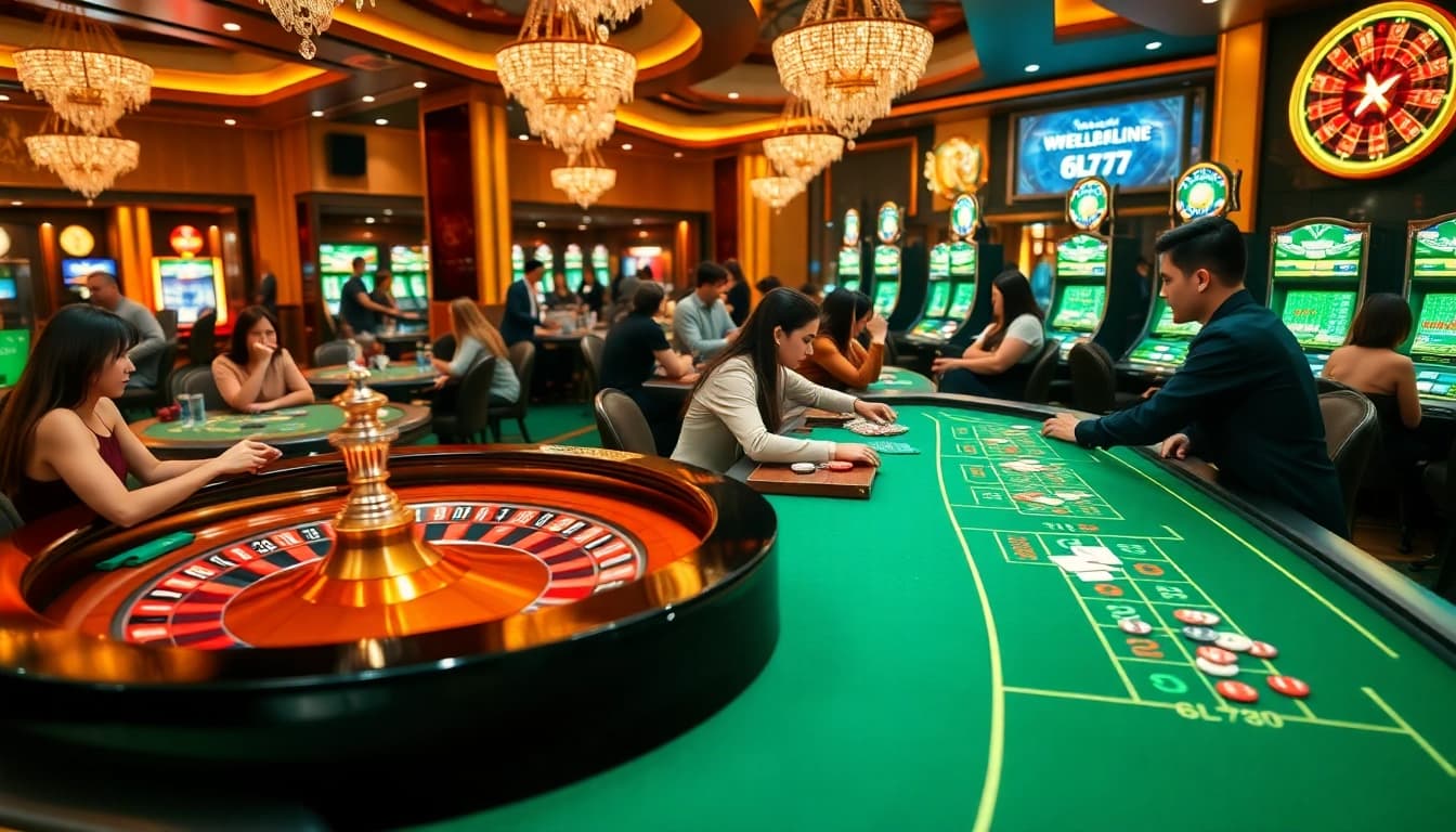 Engaging players in a vibrant 6L777 online casino gaming experience with tables and slot machines.