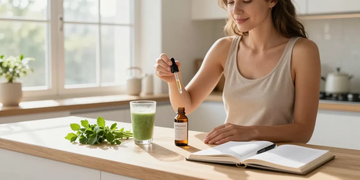 geek thc wellness routine with CBD oil tincture and healthy smoothie in bright kitchen