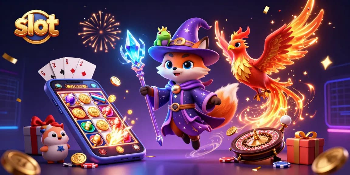 Spin the slot reels with a wizard fox, phoenix, and a crown frog amid casino celebration.