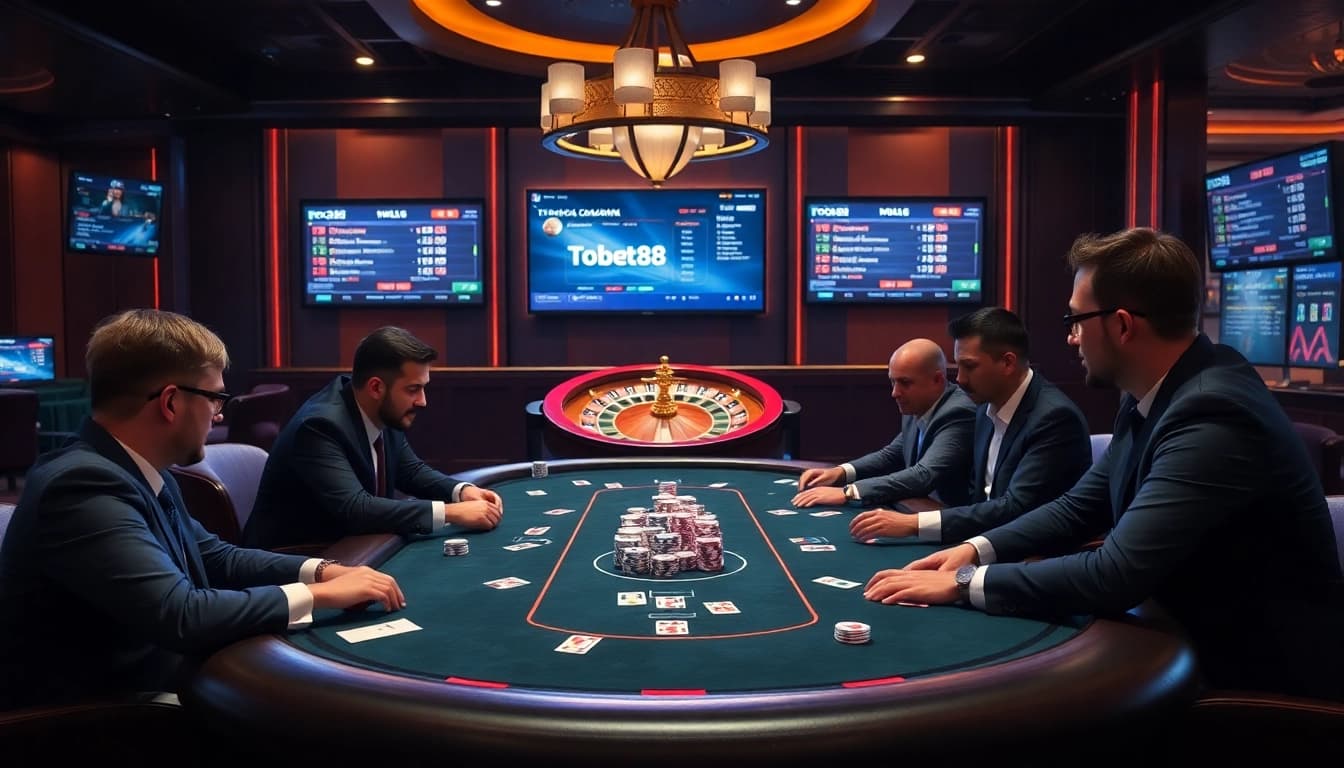 Tobet88 poker game in a vibrant casino setting with professional players and colorful chips.