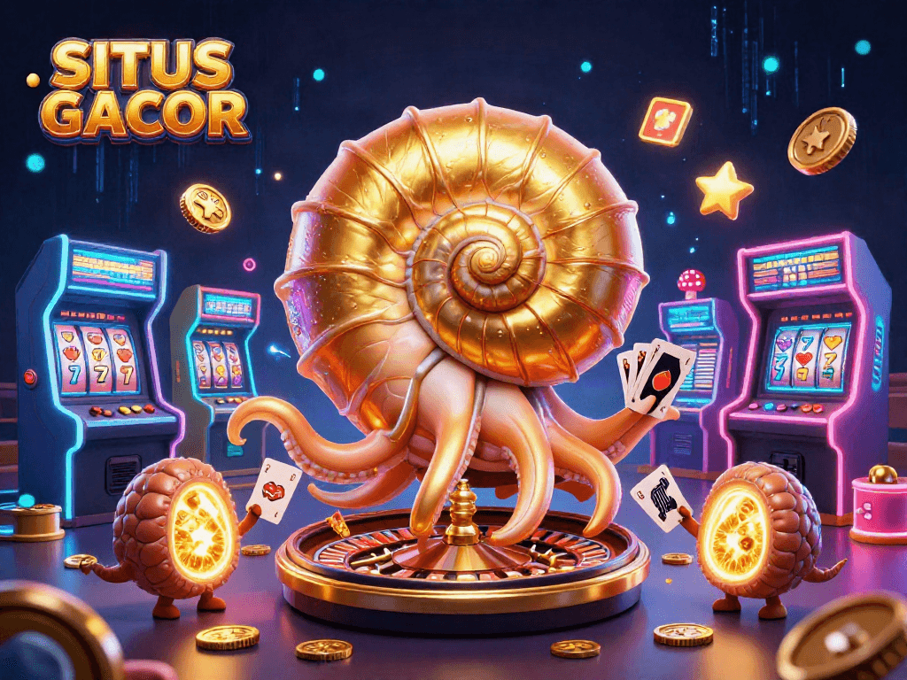 SITUS GACOR showcases a vibrant 3D casino scene with a golden nautilus roulette wheel bursting with action.