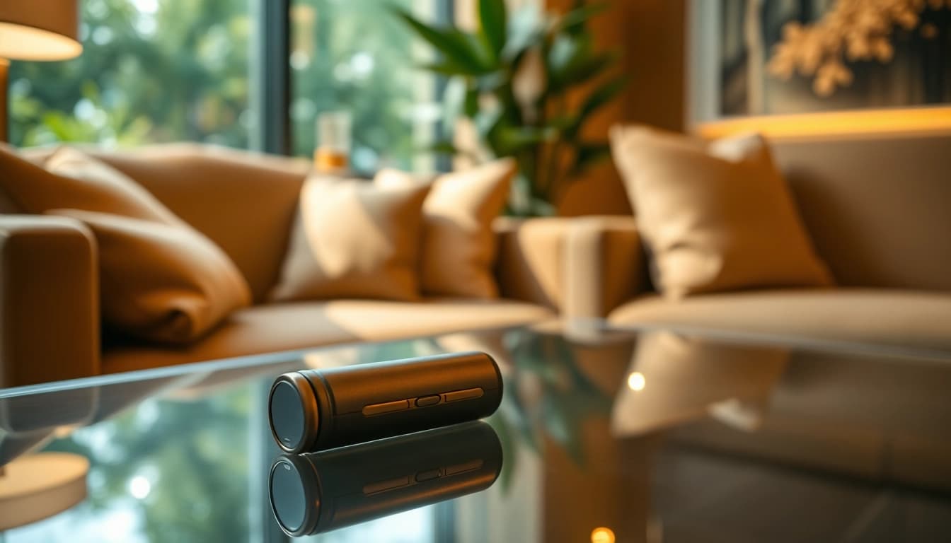 Experience a stylish Cannabis Vape showcased in a cozy lounge ambiance.