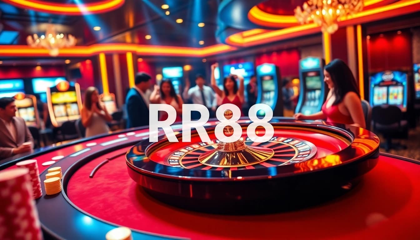 Players enjoying casino games at RR88 with an elegant roulette table, vibrant lights, and thrilling atmosphere.