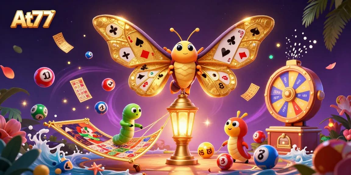 Experience the thrill of At77 with vibrant lottery balls and golden game elements.