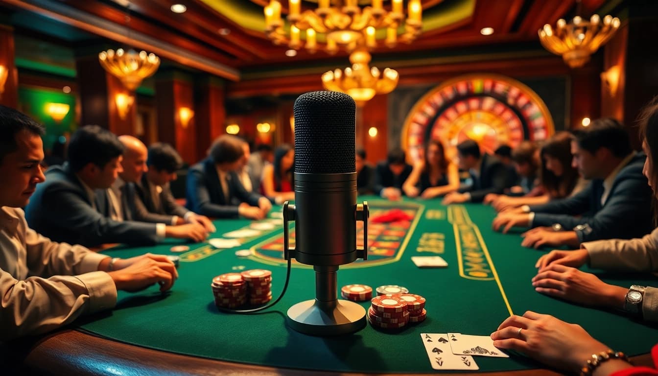 Players engage in a poker match at a glamorous casino, featuring the MV88 microphone capturing each thrilling moment.