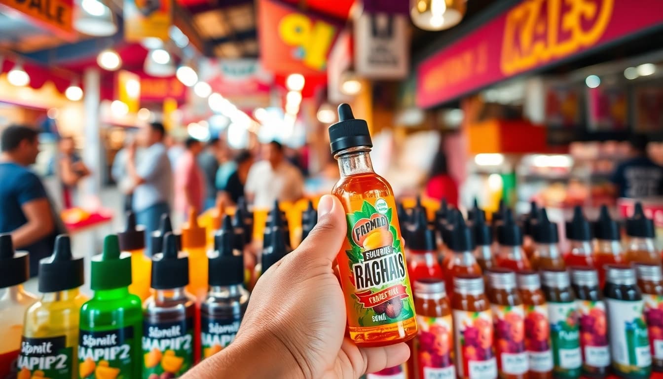 Engaging display of Vape & E-Liquids showcasing vibrant bottles and flavors at a market.