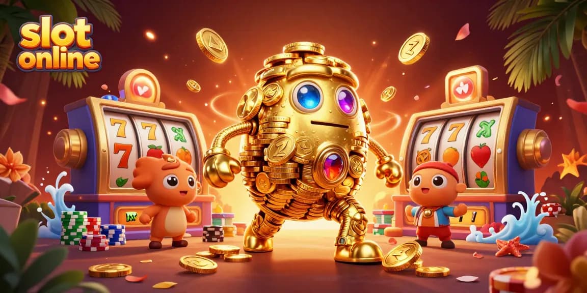 Menangkan jackpot di slot online dengan golem emas, simbol mesin slot, dan tumpukan chip poker.