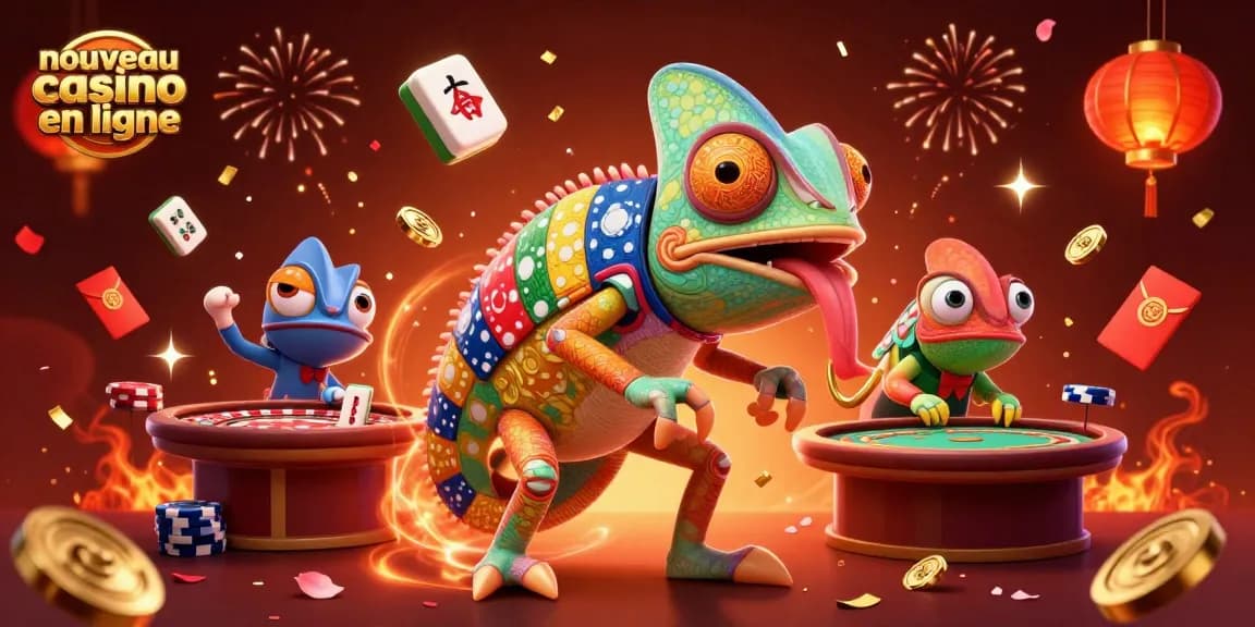 Illustration d'un nouveau casino en ligne avec un caméléon propriétaire attrapant des pièces d'or, entouré de jeux
