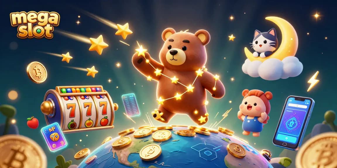 Menangkan jackpot mega slot dengan karakter beruang bintang yang bercahaya, dikelilingi simbol keberuntungan dan koin crypto.