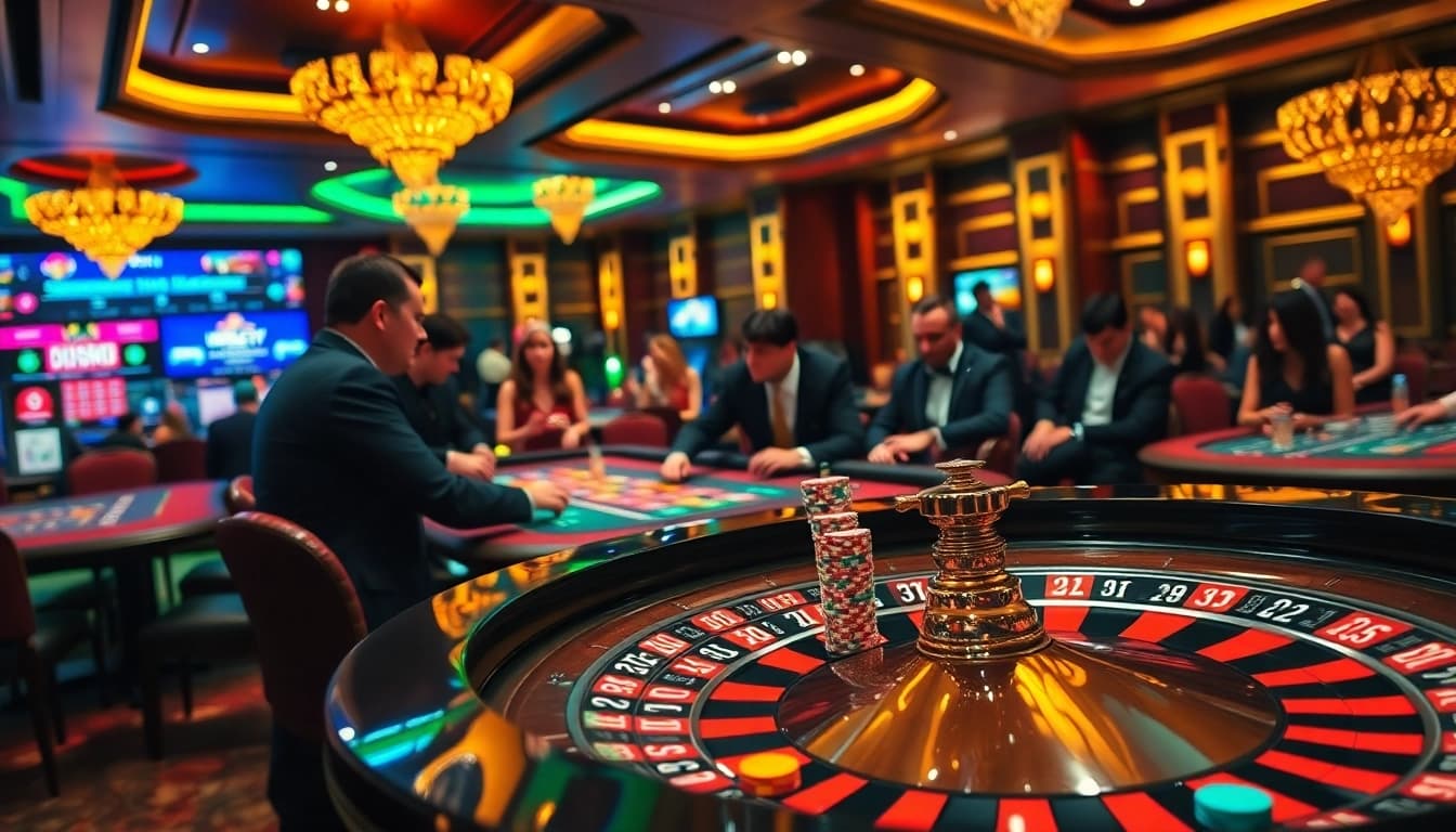 LC88 casino scene showcasing gamblers at roulette tables and poker games, highlighting dynamic play.