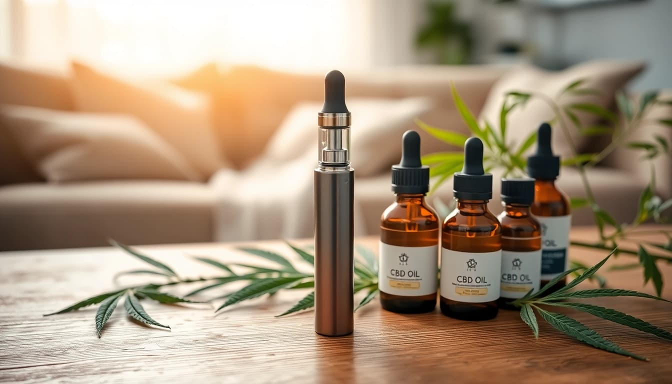 Vibrant CBD oil vape setup featuring a sleek vape pen amidst hemp leaves and oil bottles.