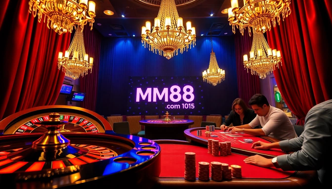 Players enjoying games on mm88 com with colorful casino tables and vibrant slot machines.