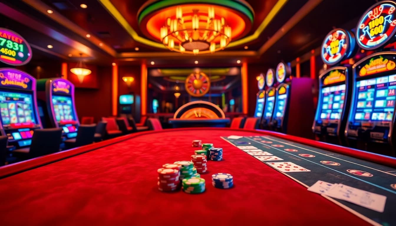 Khela88 gaming scene with vibrant slot machines and poker tables showcasing excitement and luxury.