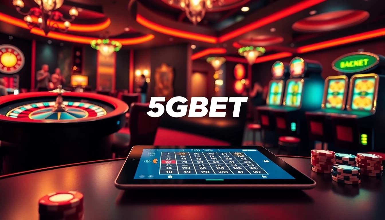 Experience the excitement of online gambling with 5GBET, showcasing vibrant casino elements and interactive betting.