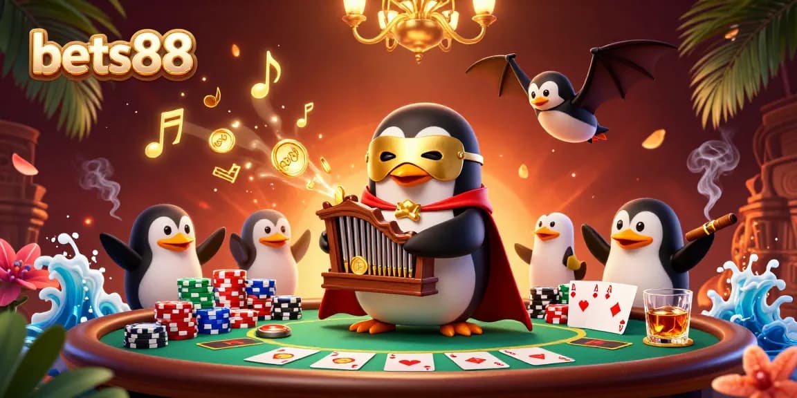 Bets88 penguin playing organ amidst gold coins and poker chips in a vibrant casino scene.
