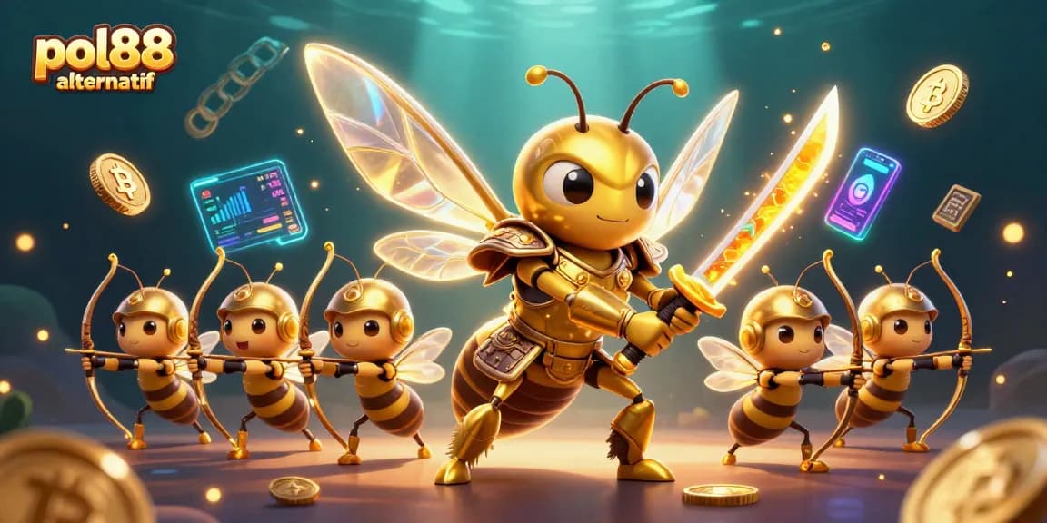 Gambarlah simbol kasino digital dengan karakter pol88 alternatif yang berperang melawan kegelapan.