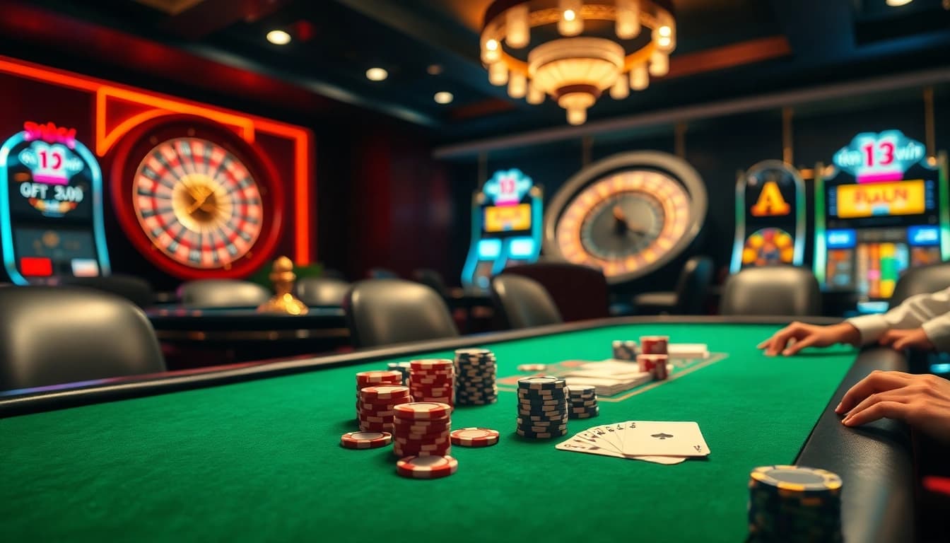 Enjoy high-stakes excitement at 13win's luxurious casino tables featuring poker chips and cards.