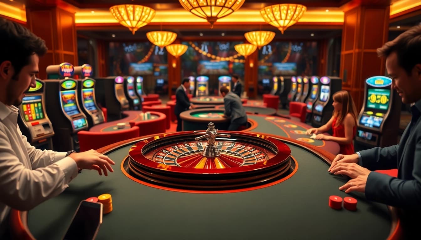 Experience the thrill of betting at 255BET with lively casino tables, players, and vibrant slot machines.