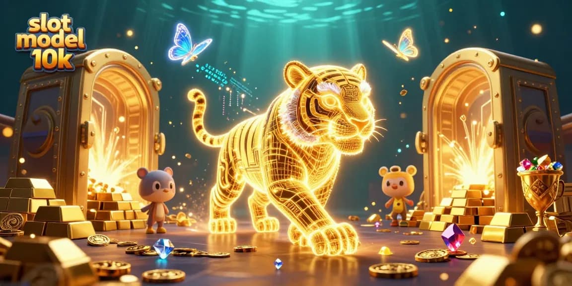 Experience the thrill of slot modal 10k with an energetic golden tiger illuminating a vibrant casino.