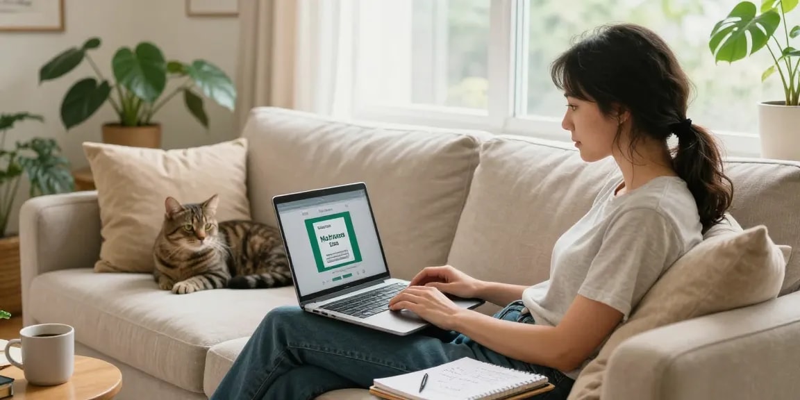 Person engaging in an online consultation for a medical marijuana card in a cozy home setting.