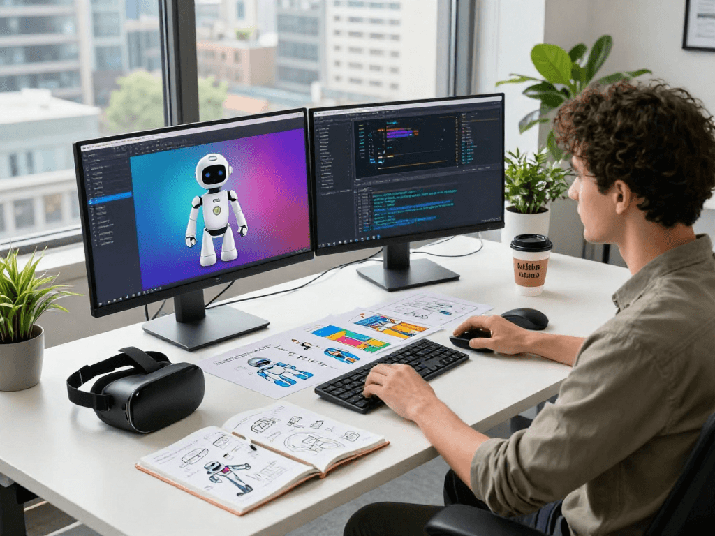Developer coding innovative sex bot software at modern tech office.