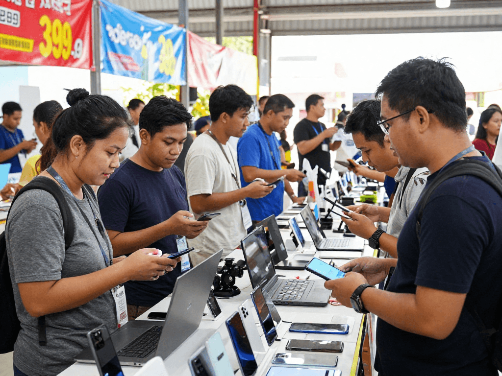 Shoppers engaging with suppliers at rokok88, exploring electronic gadgets in a vibrant marketplace.