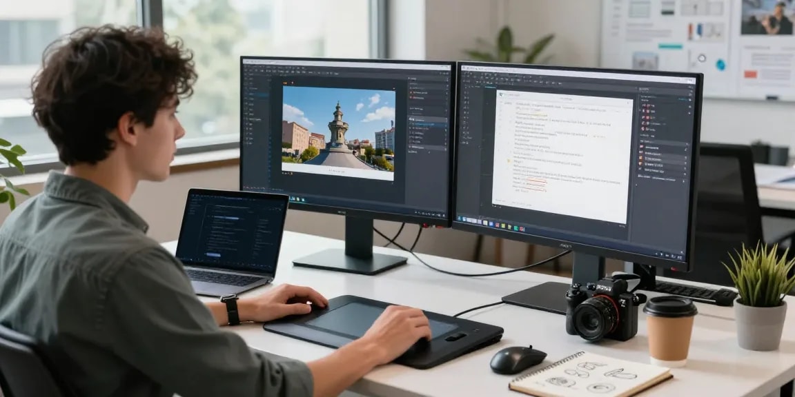 Young professional using Snipaste下载 for efficient screenshot annotation in a modern tech workspace