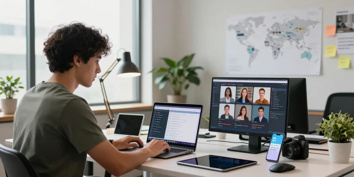 Collaborative workspace showcasing Telegram官网 communication tools for remote teams