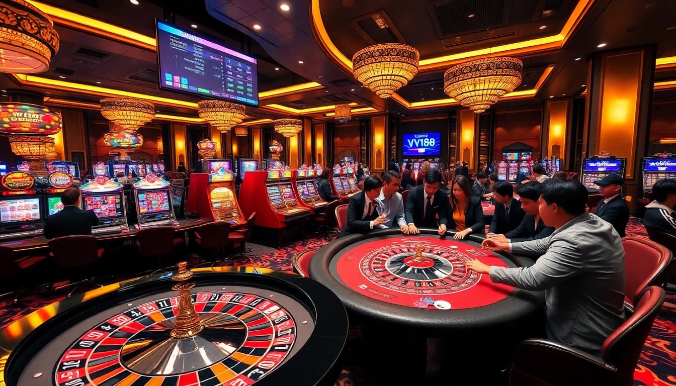 Exciting gaming scene showcasing VN168 with vibrant roulette and blackjack tables.