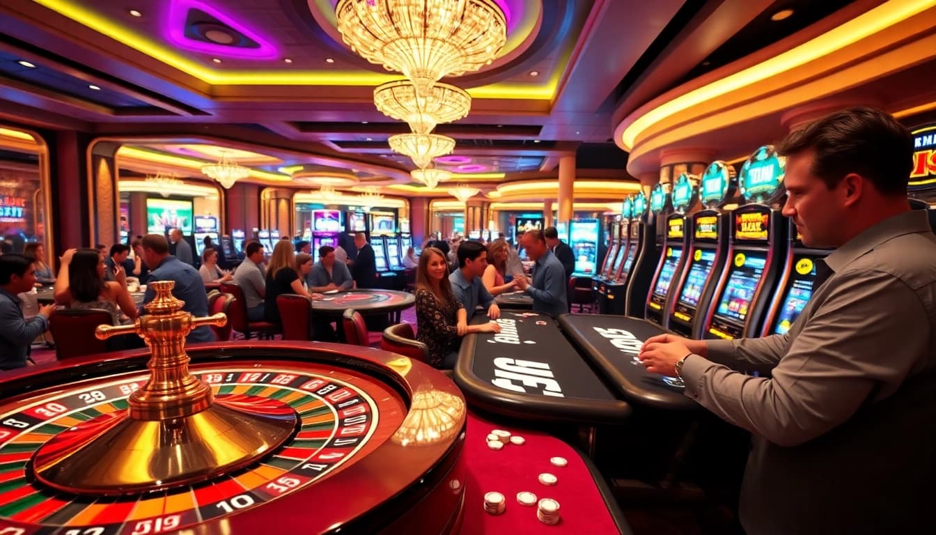 Experience the excitement of hitclub0.com with vibrant casino games and players at a poker table.